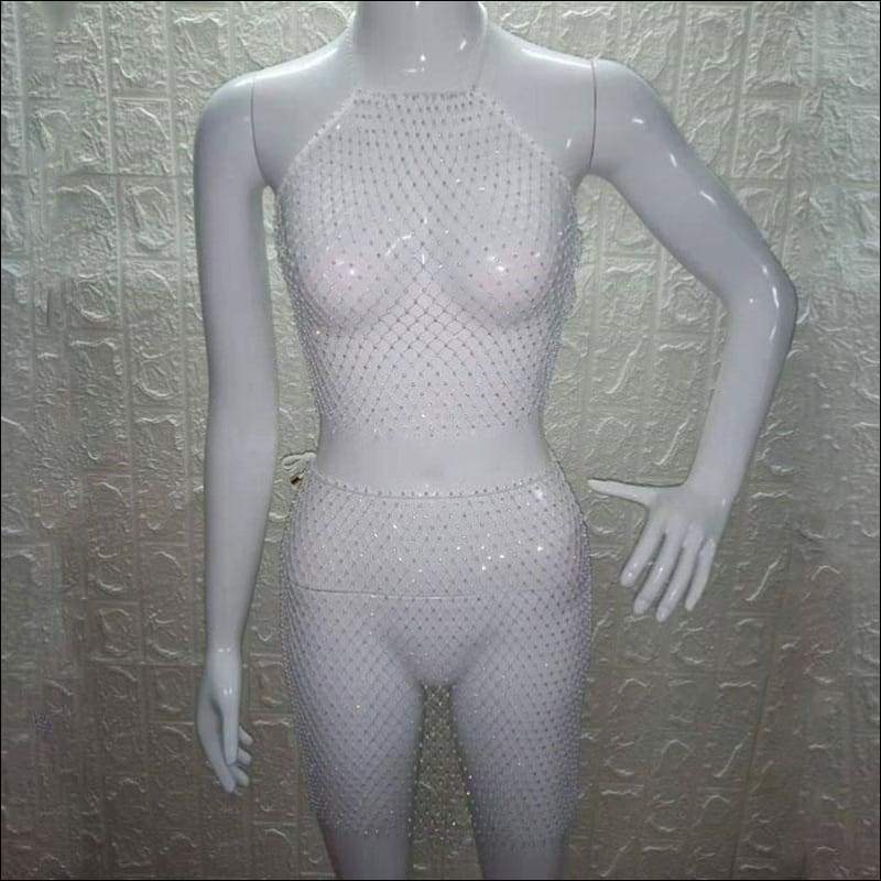 Sexy See-through Mesh Rhinestone Decor Two-piece Nightclub 