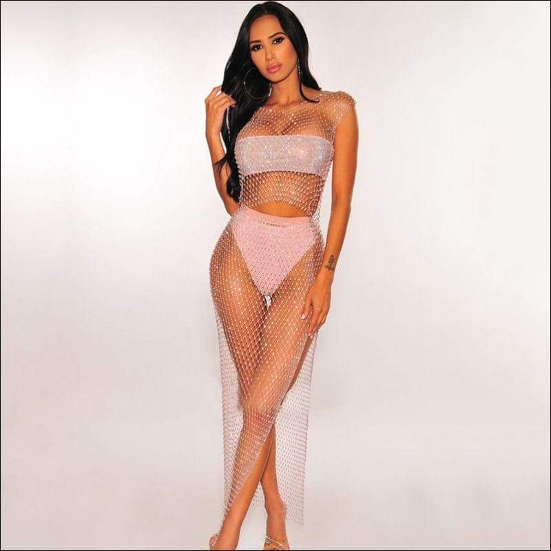 Sexy Sleeveless Mesh Hollow Tank Top Side-slit Skirt 