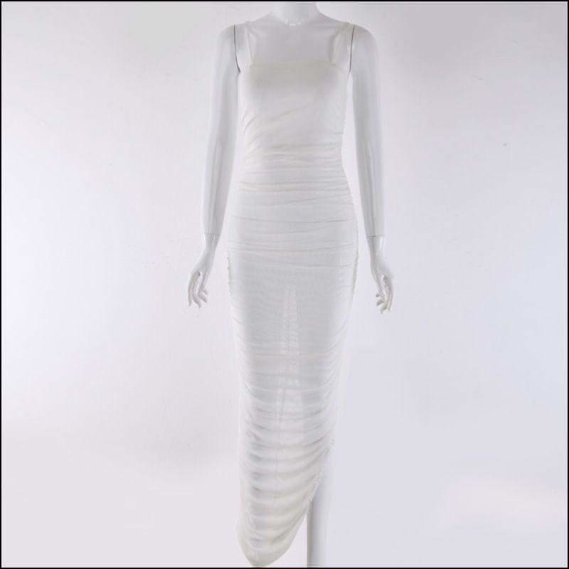 Sexy Solid Color Creased Side-slit Dress - XS / White - 