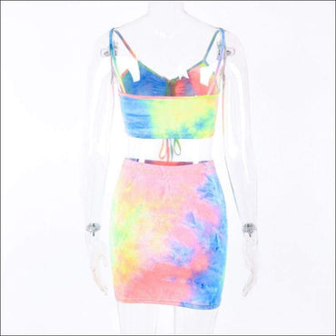 Sexy V Neck Drawstring Tie Dye Camisole Tight Skirt Two-piece Set