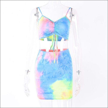 Sexy V Neck Drawstring Tie Dye Camisole Tight Skirt Two-piece Set