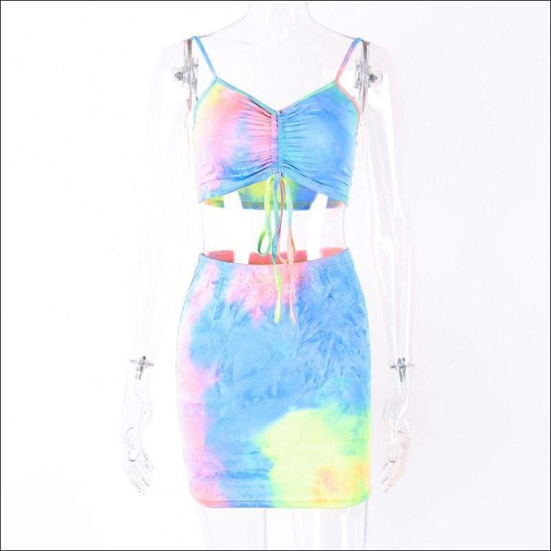 Sexy V Neck Drawstring Tie Dye Camisole Tight Skirt 