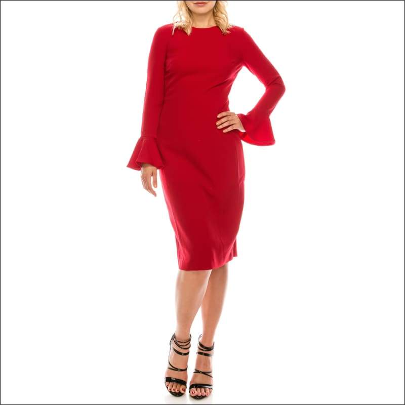 Crepe Sheath Dress with Flounce Sleeves - Dresses