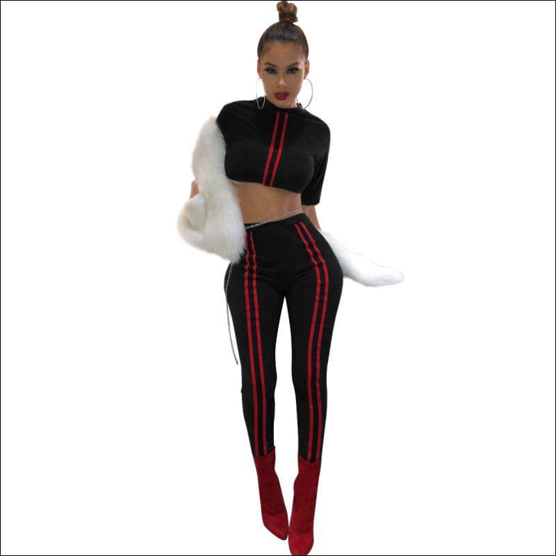 Short-sleeve Crop Top And Bodycon Pants Set - S / Black - 