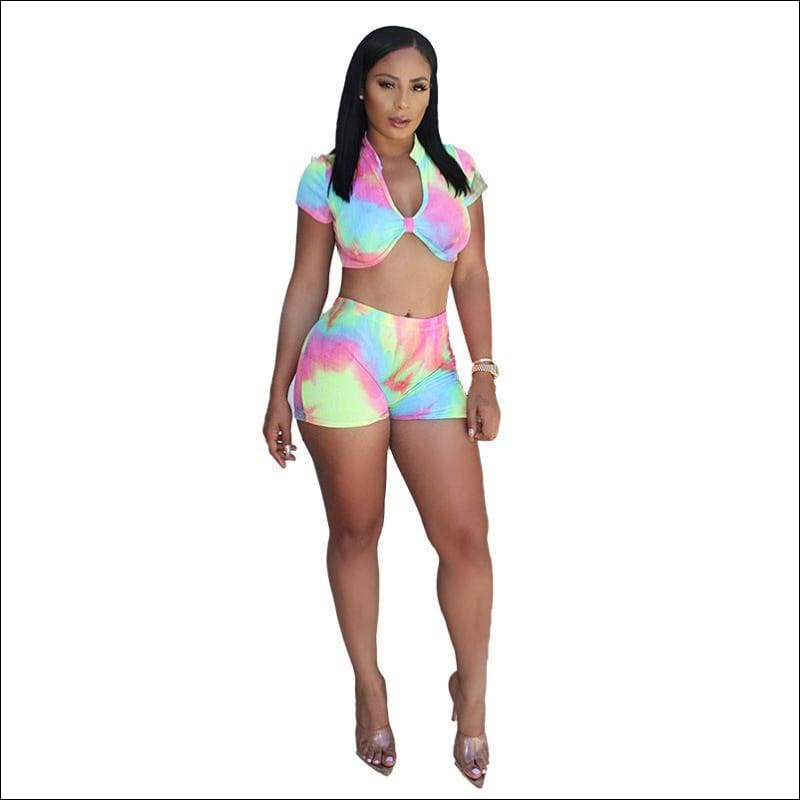 Short-sleeve Cropped Top Tight Shorts Unique Tie-dye - S / 