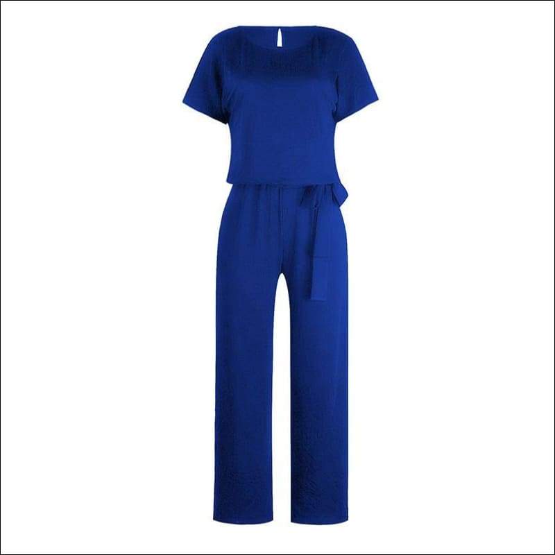 Short Sleeve Defined Waist Jumpsuits - S / Blue - Jumpsuits
