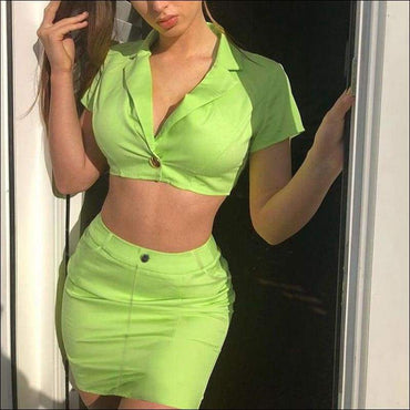 Short-sleeve Fluorescence Color Crop Blouse Tight Skirt Set