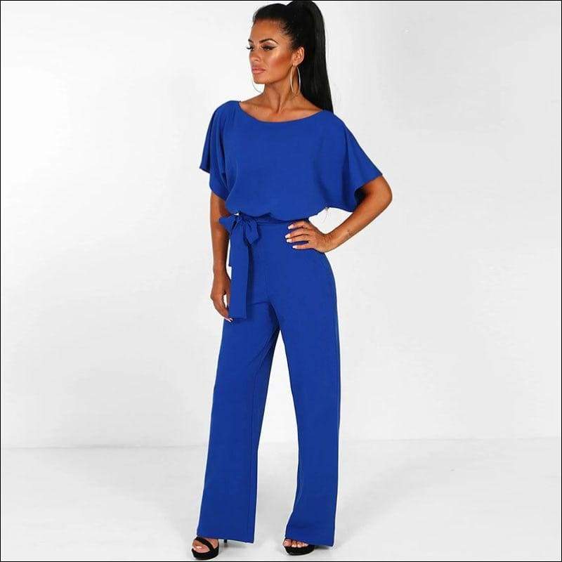 Short Sleeve Lace-up Jumpsuits - S / Blue - Jumpsuits