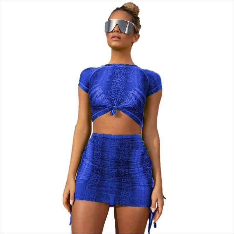 Short-sleeve Leopard Print Cropped Top Drawstring Mini Skirt
