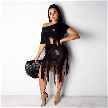 Short-sleeve Top Midi Skirt Crochet Two-piece Set Plain Color Unique Ripped Design