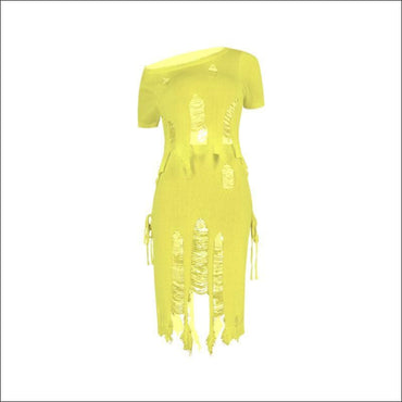 Short-sleeve Top Midi Skirt Crochet Two-piece Set Plain Color Unique Ripped Design