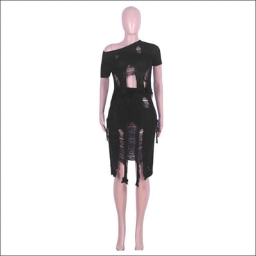 Short-sleeve Top Midi Skirt Crochet Two-piece Set Plain Color Unique Ripped Design