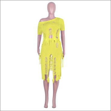 Short-sleeve Top Midi Skirt Crochet Two-piece Set Plain Color Unique Ripped Design