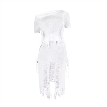 Short-sleeve Top Midi Skirt Crochet Two-piece Set Plain Color Unique Ripped Design