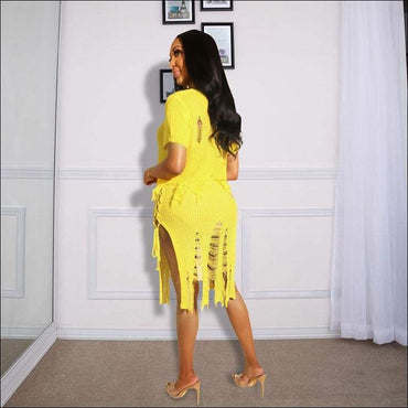 Short-sleeve Top Midi Skirt Crochet Two-piece Set Plain Color Unique Ripped Design
