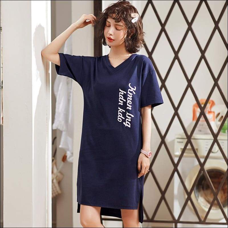 Short-sleeve Words V Neck Printed Loose Pattern Nightdress -