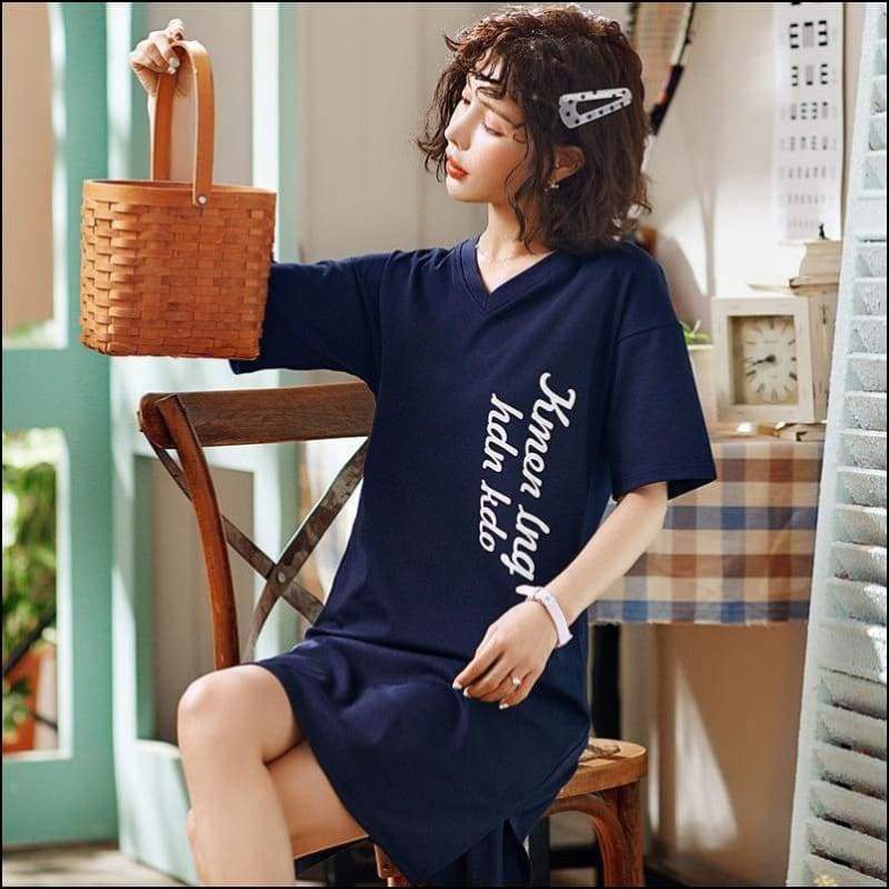 Short-sleeve Words V Neck Printed Loose Pattern Nightdress -