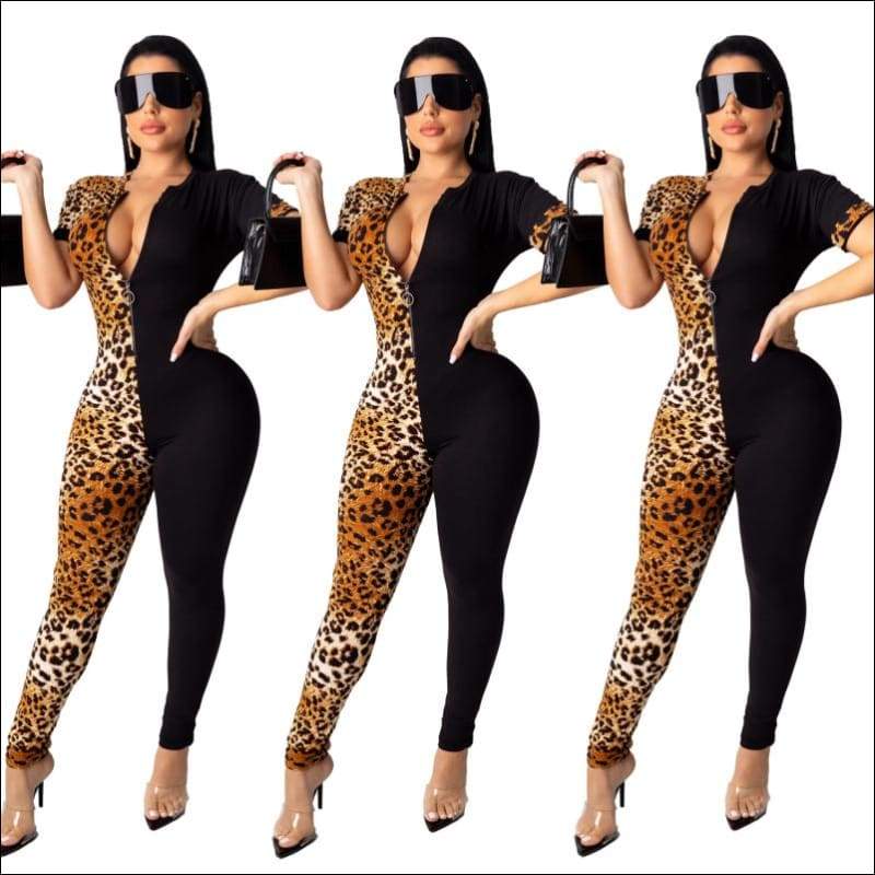 Short-sleeve Zipper Tight Jumpsuits - Jumpsuits