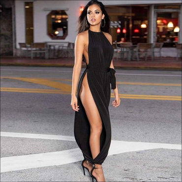 Side-slit Sleeveless Lace-up Solid Color Jumpsuits