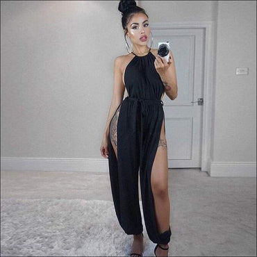 Side-slit Sleeveless Lace-up Solid Color Jumpsuits