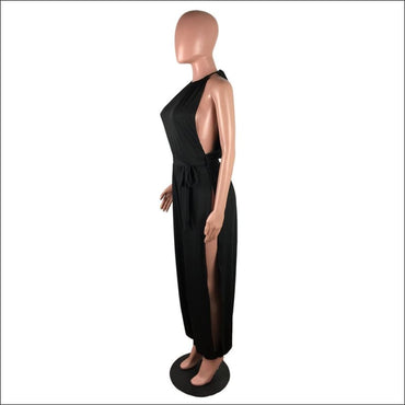 Side-slit Sleeveless Lace-up Solid Color Jumpsuits