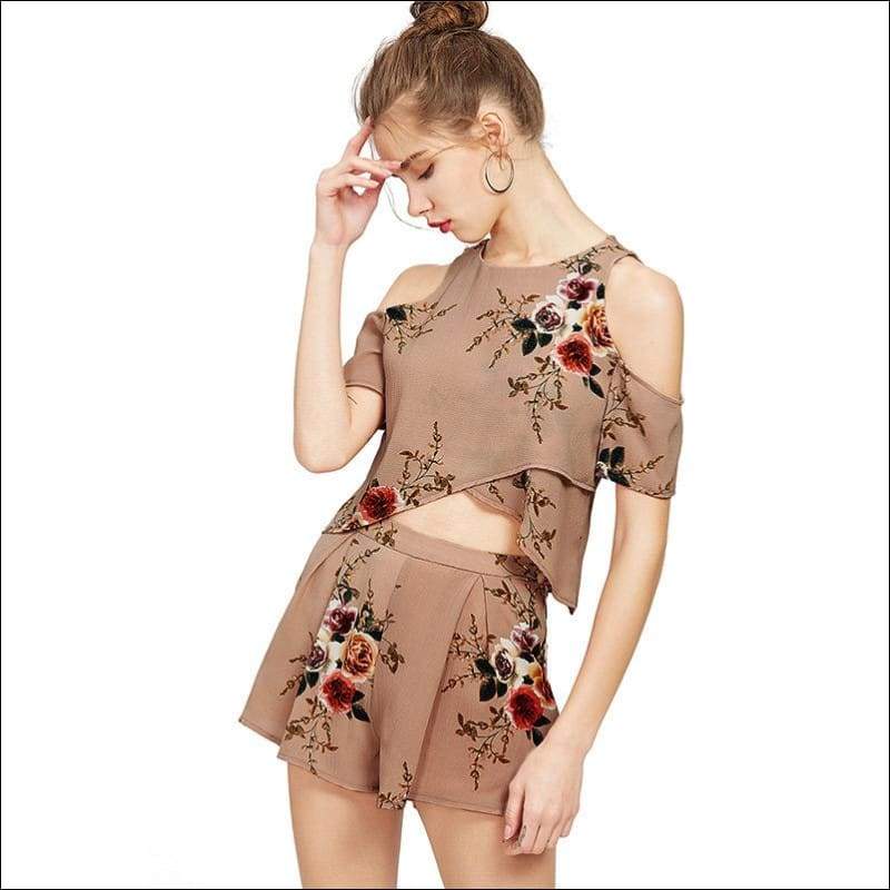 Simple Floral Chiffon Strapless Causal Short Two Piece Suits