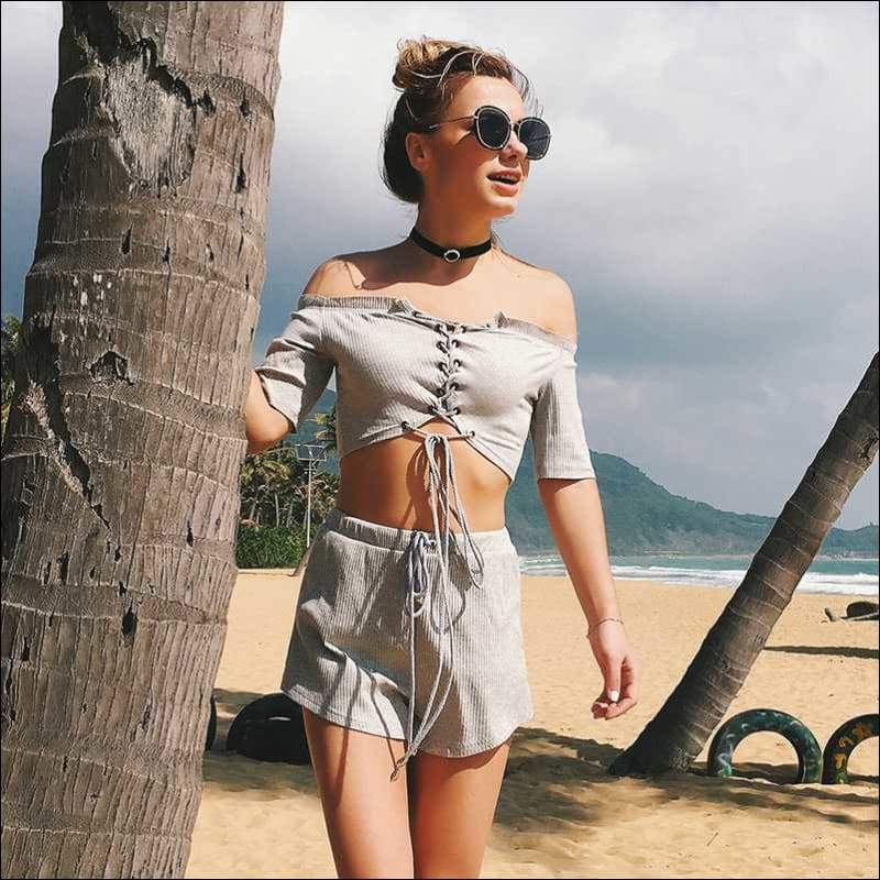 Sleeved Two Piece Suit One-shoulder Summer Shorts - S / Grey