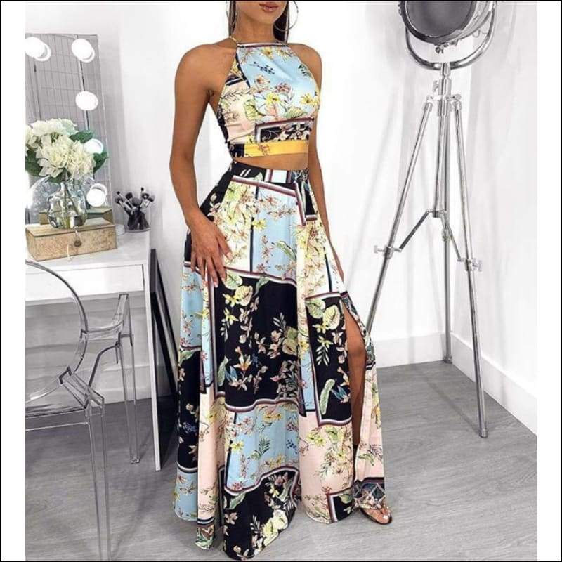 Sleeveless Halter Camis Side-slit Skirt Set Ethnic Style - S