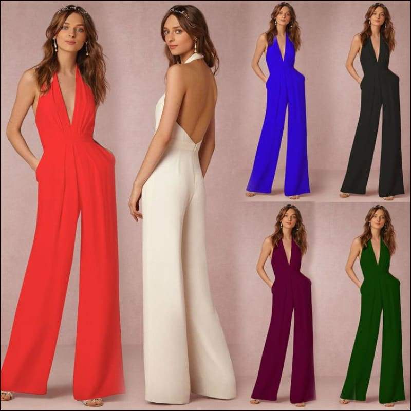 Sleeveless Halter V-neck Backless Jumpsuit - Jumpsuits