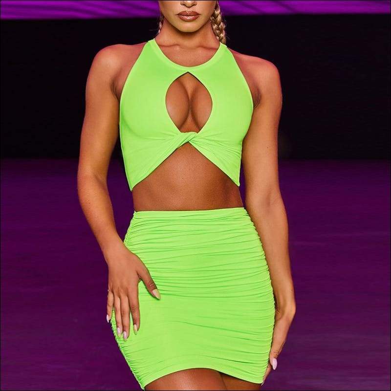 Sleeveless Hollow Top And Crease Bodycon Skirt Two Pieces 