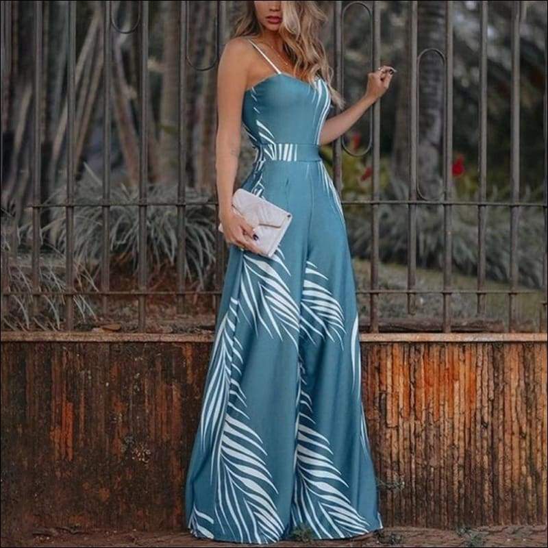 Sleeveless Leaf Print High-waisted Boho Sling - S / Blue - 