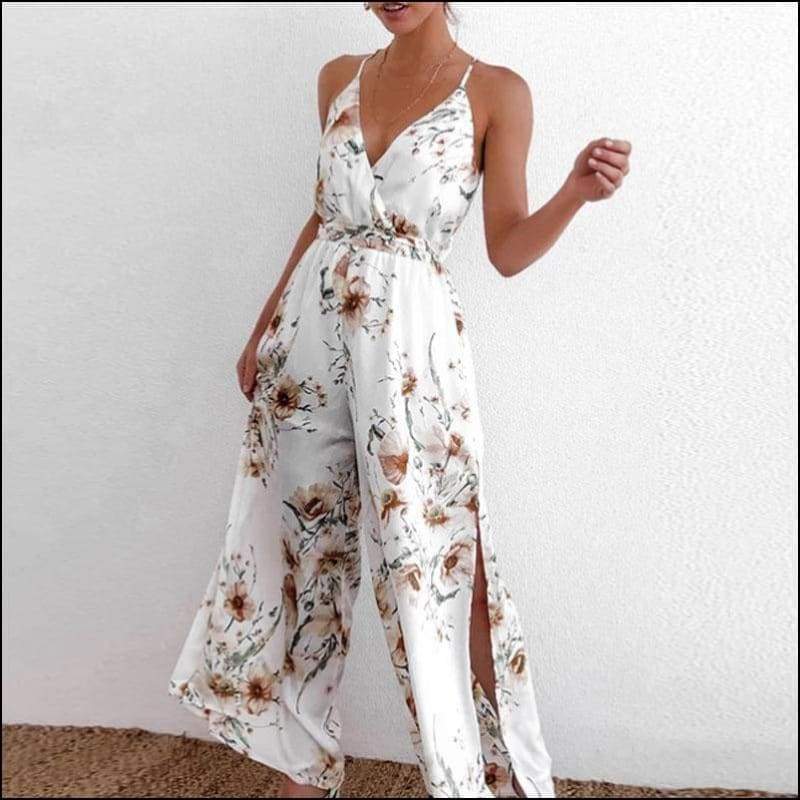 Sleeveless Side-slit Sling Floral Print Jumpsuits - S / 