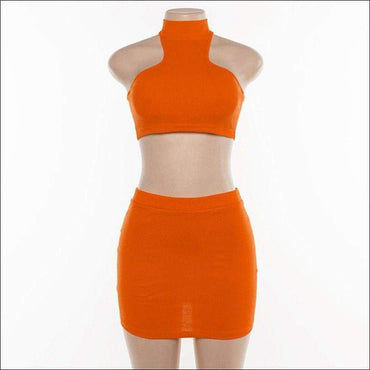 Sleeveless Solid Color Mock Neck Cropped Tank Skirt Two-piece Set