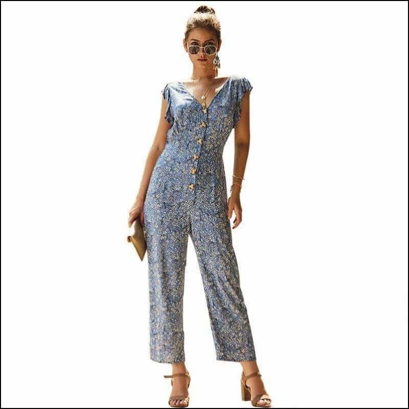 Sleeveless Tiny Flower Print Buttoned Jumpsuits - S / Blue -