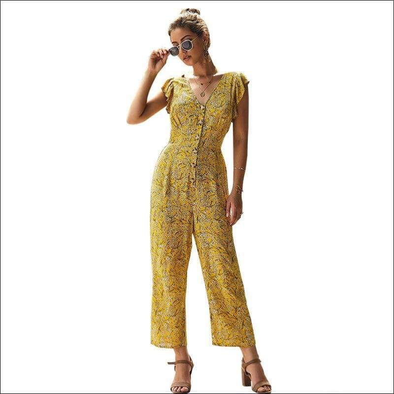 Sleeveless Tiny Flower Print Buttoned Jumpsuits - S / Yellow