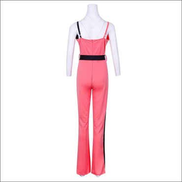 Sleeveless V-neck Patchwork Decorative Belt Slim Sling Jumpsuits