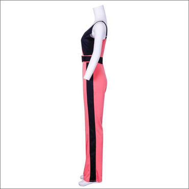 Sleeveless V-neck Patchwork Decorative Belt Slim Sling Jumpsuits