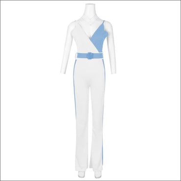 Sleeveless V-neck Patchwork Decorative Belt Slim Sling Jumpsuits