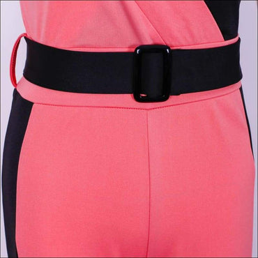 Sleeveless V-neck Patchwork Decorative Belt Slim Sling Jumpsuits