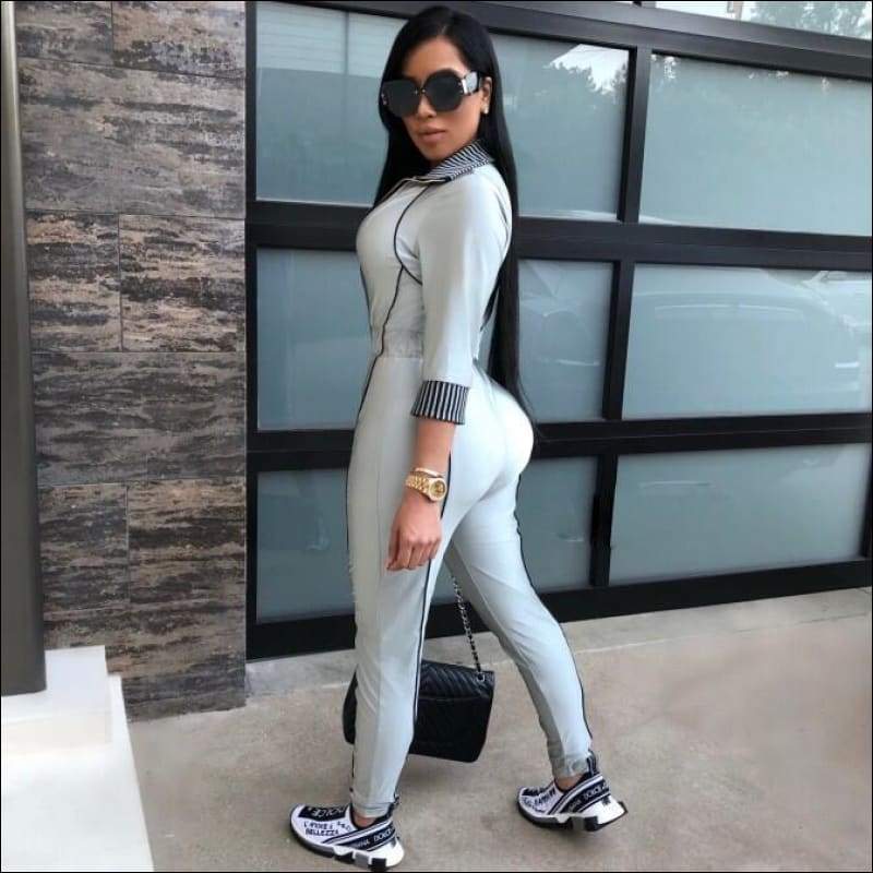 Slim Stripe Design Lapel Zipper Long-sleeve - Jumpsuits