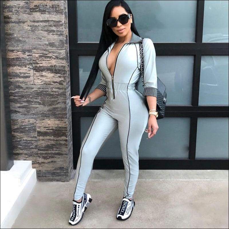 Slim Stripe Design Lapel Zipper Long-sleeve - S / Grey - 