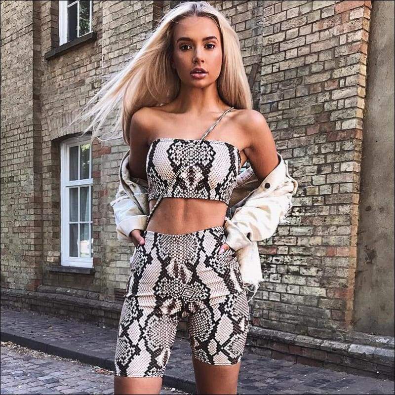 Snakeskin Print Tube Top And High-waisted Tight Shorts 