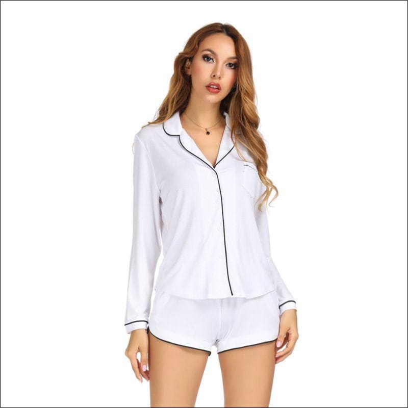 Soft Modal Fabric Lapel Collar Long Sleeve Pajama Set - S / 
