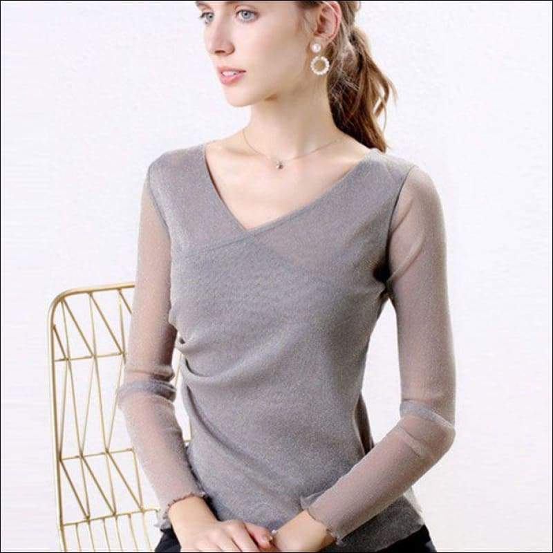 Solid Color Cross Neck Design Mesh Top - M / Grey - Petite 