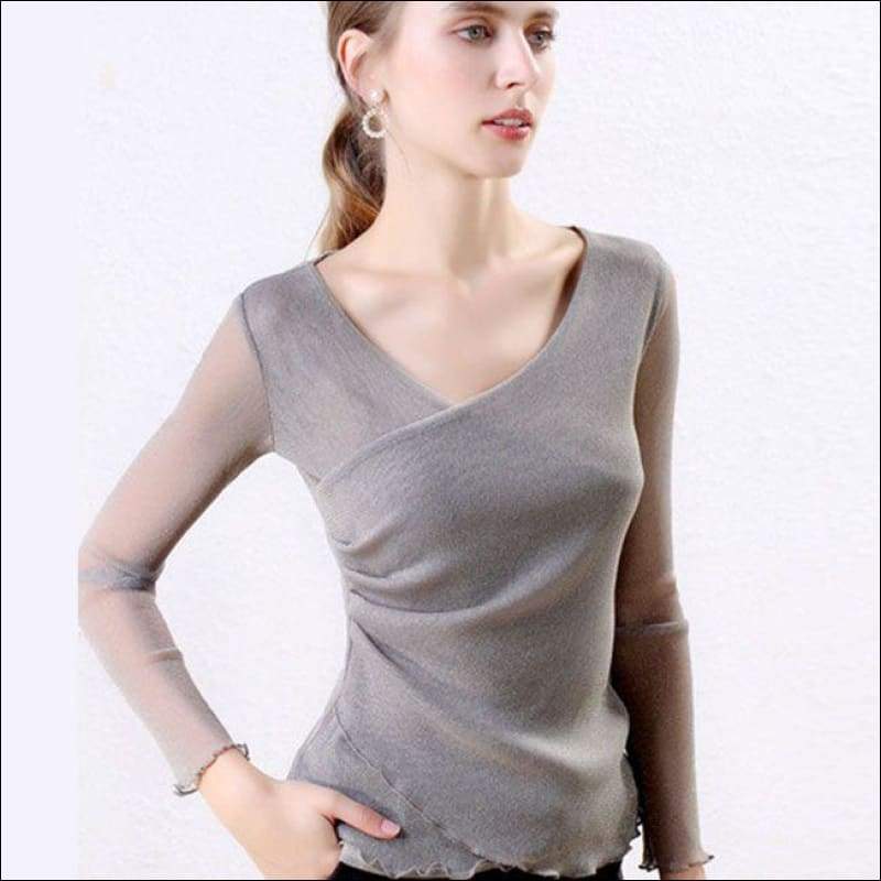 Solid Color Cross Neck Design Mesh Top - XL / Grey - Petite 