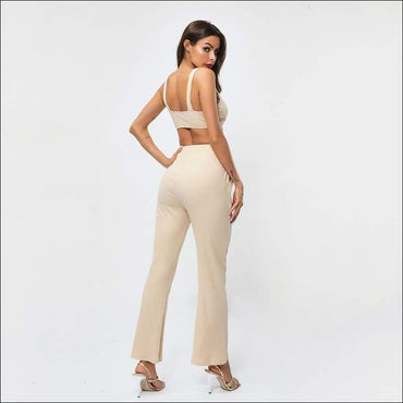Solid Color Knit Crop Camisole And Flare Trousers Set