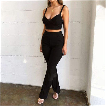Solid Color Knit Crop Camisole And Flare Trousers Set