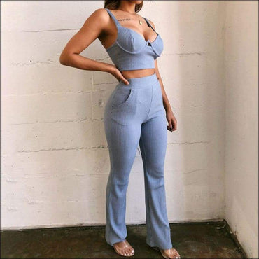 Solid Color Knit Crop Camisole And Flare Trousers Set
