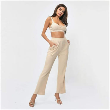 Solid Color Knit Crop Camisole And Flare Trousers Set