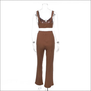 Solid Color Knit Crop Camisole And Flare Trousers Set